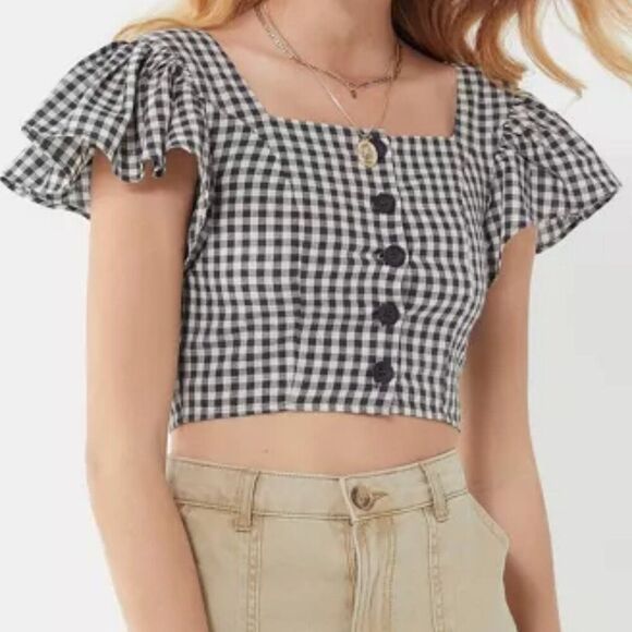 URBAN OUTFITTERS Rita Gingham Flutter Sleeve Button Cropped Top Womens Large - Picture 2 of 14